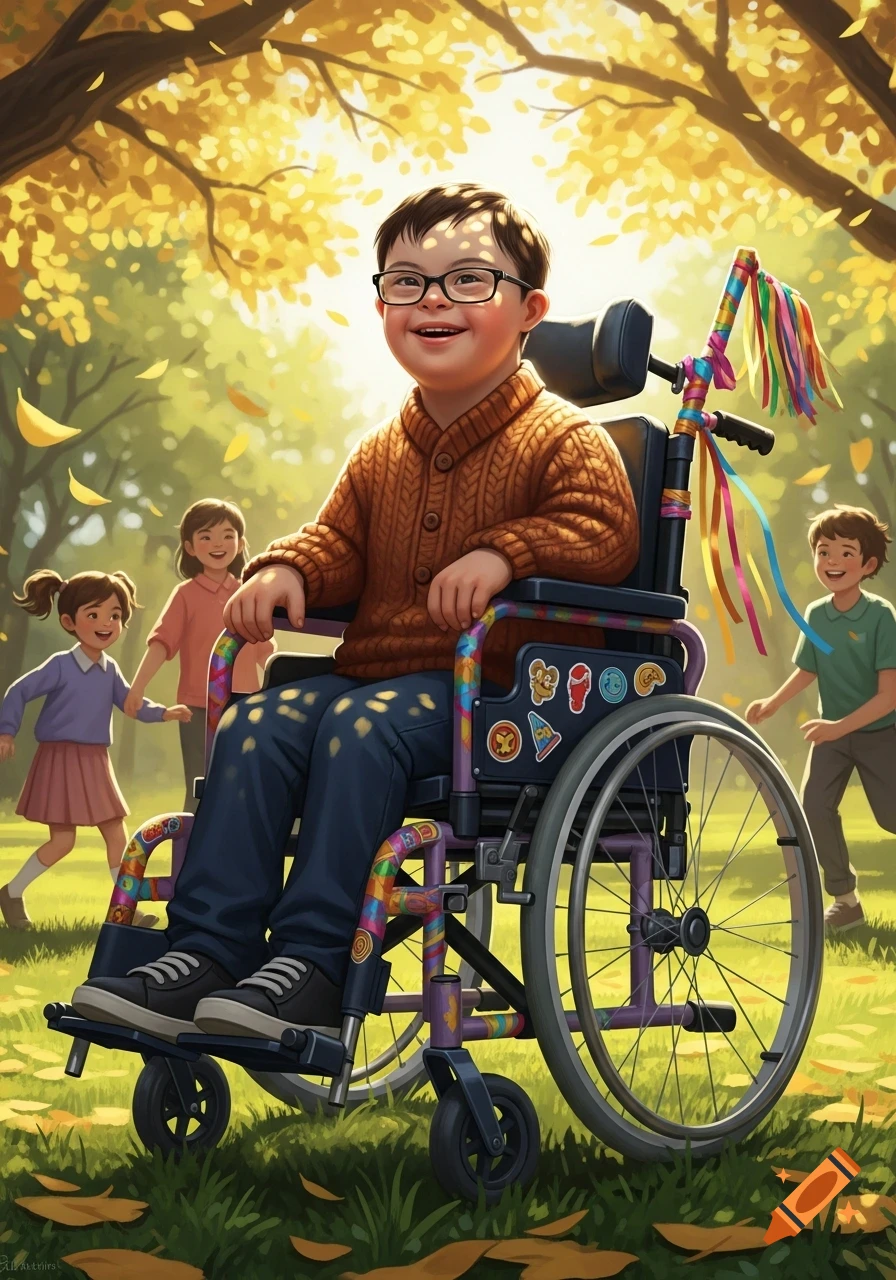 A smiling boy with Down syndrome in a decorated wheelchair, surrounded by other children playing in a vibrant autumn park. Illustrated.