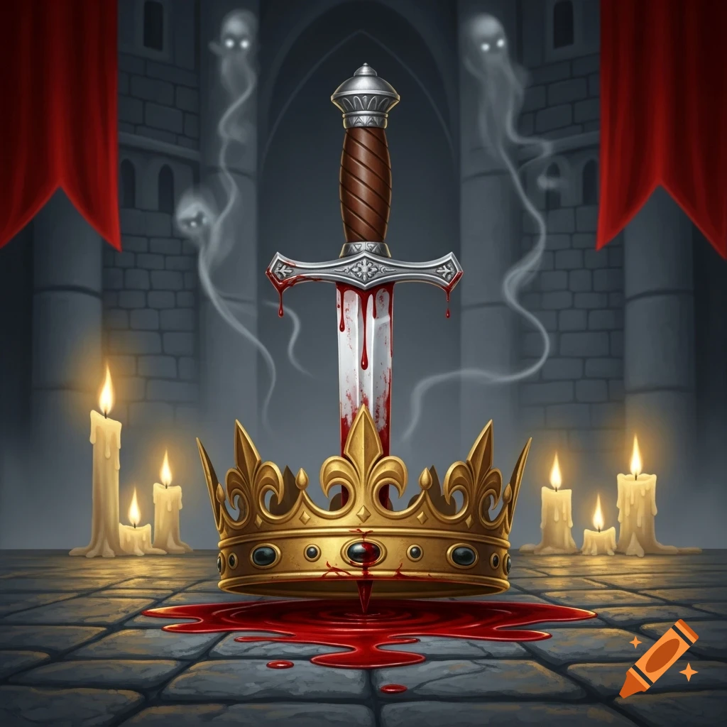 A blood-stained sword pierces a golden crown, spilling blood onto stone, surrounded by candles and ghostly figures in a dark castle.