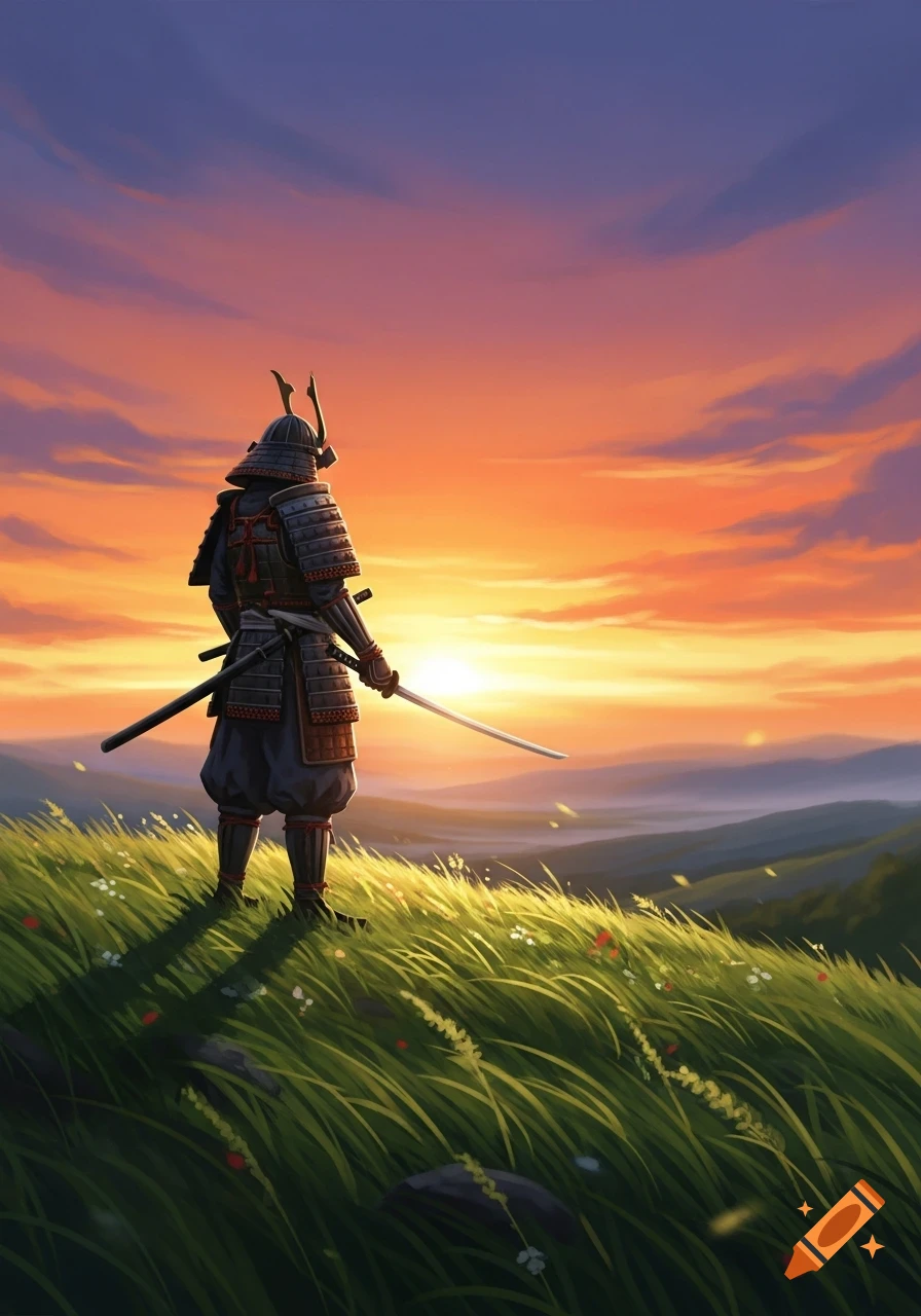 A samurai warrior in full armor stands on a grassy hill, observing a vivid sunset over rolling mountains, in a digital painting style.