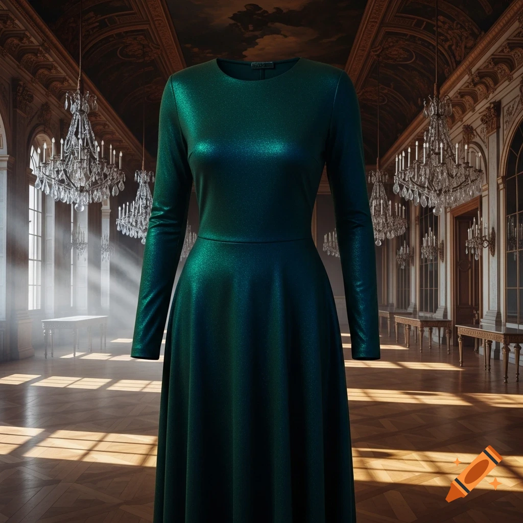 A shimmering dark green-blue long-sleeved dress stands in an opulent, sunlit grand hall with chandeliers and high arched windows.