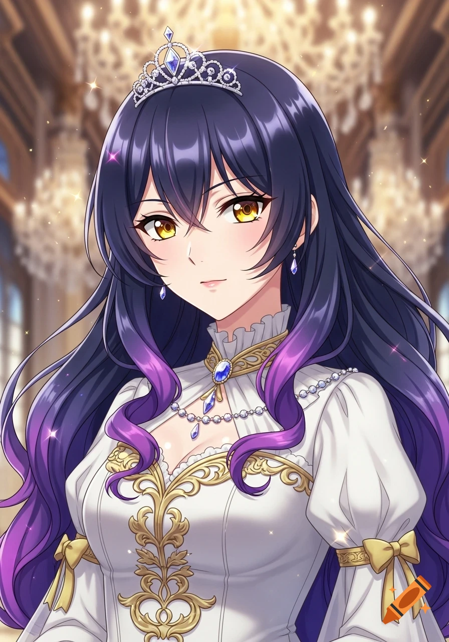 Anime girl with indigo and purple hair, gold eyes, wearing a white and gold Victorian-style dress and crystal tiara.