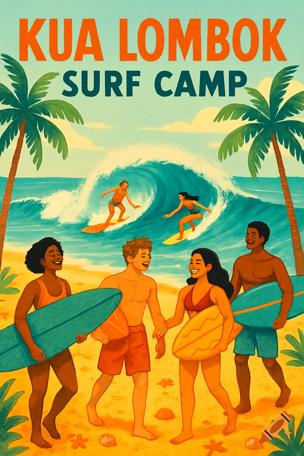 Stylized illustration poster for Kua Lombok Surf Camp, featuring surfers on waves, people with boards on a sunny tropical beach.