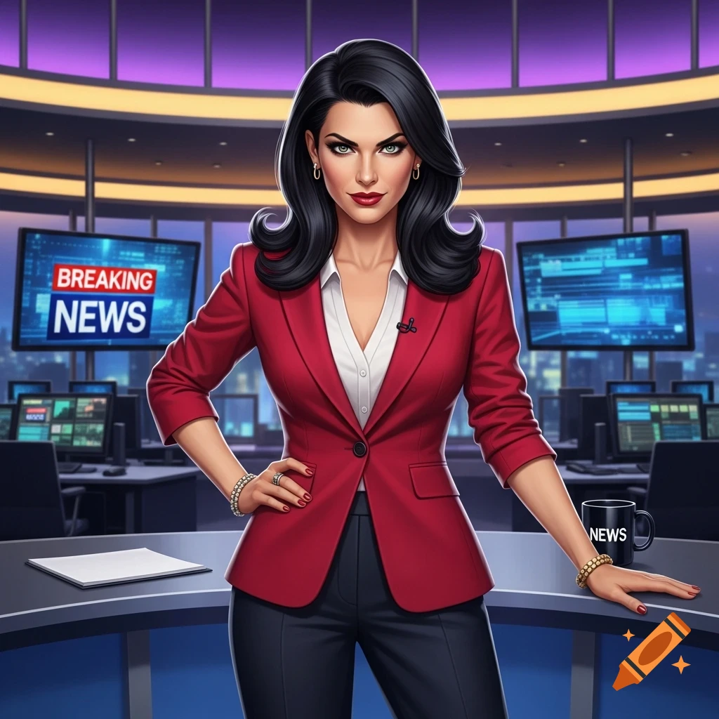 An illustrated woman in a red blazer stands at a news desk with 'BREAKING NEWS' on screens behind her.
