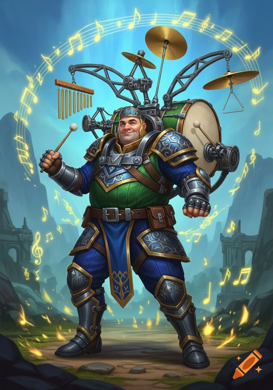 A smiling, armored fantasy bard with a one-man band suit, including a drum, cymbals, and chimes, surrounded by glowing musical notes.
