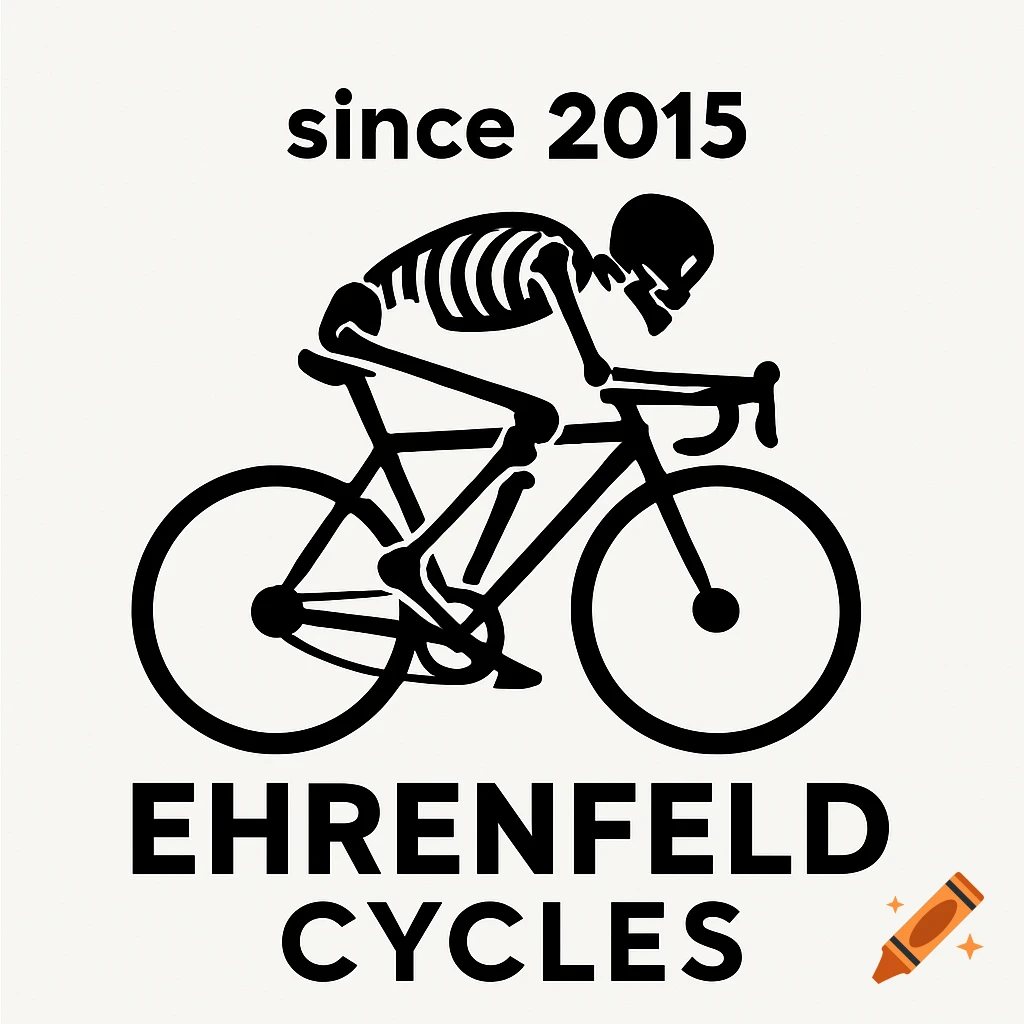 Black and white pictogram of a skeleton riding a road bike, with text 'since 2015' and 'EHRENFELD CYCLES'.