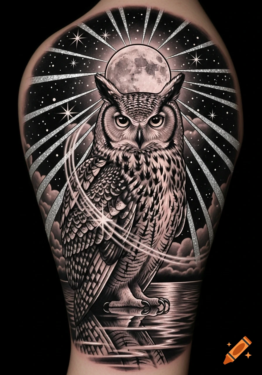 Detailed black and grey tattoo design of a realistic owl with a full moon, stars, and radiating light in the background above water.