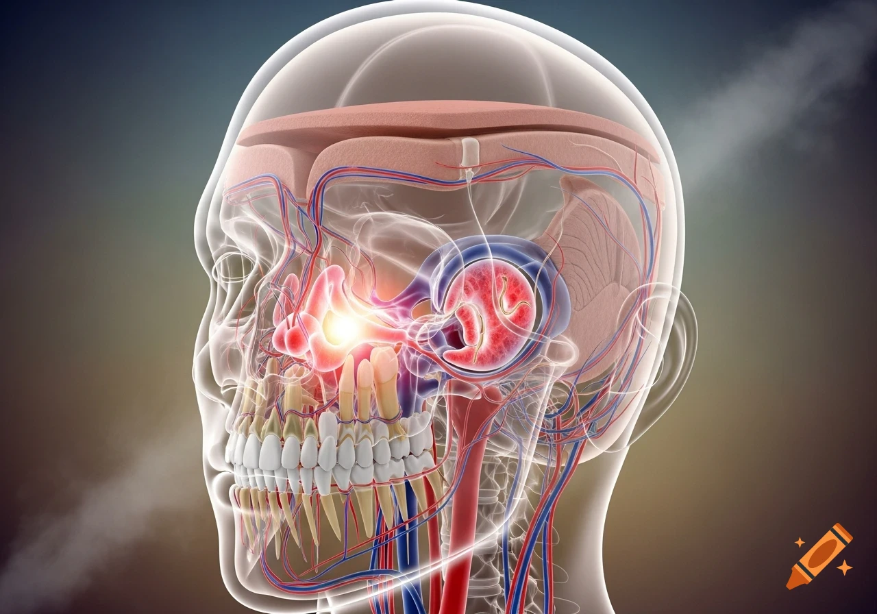 Translucent anatomical illustration of a human head, showing skull, sinuses with glowing inflammation, jaw, teeth, and blood vessels.