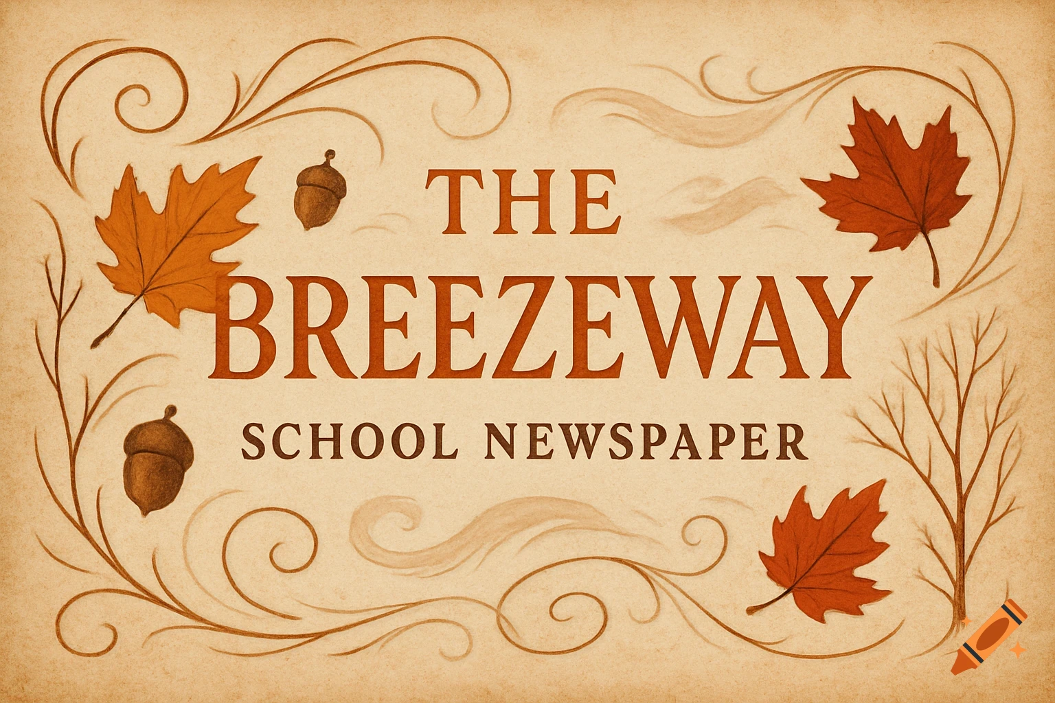 Vintage-style school newspaper masthead with 'The Breezeway School Newspaper' text, surrounded by fall leaves, acorns, and swirling vines on a light brown background.