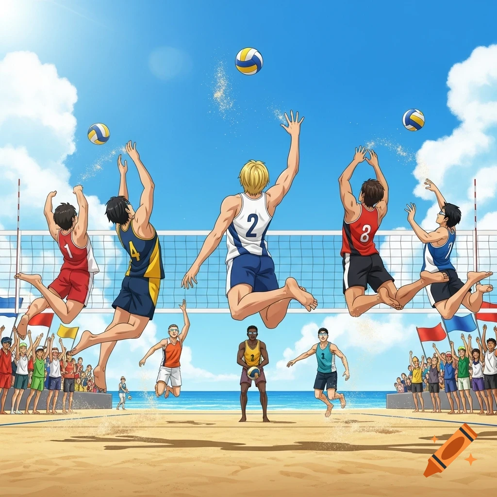 Anime illustration of male volleyball players jumping and spiking on a beach court with a crowd and ocean in the background.