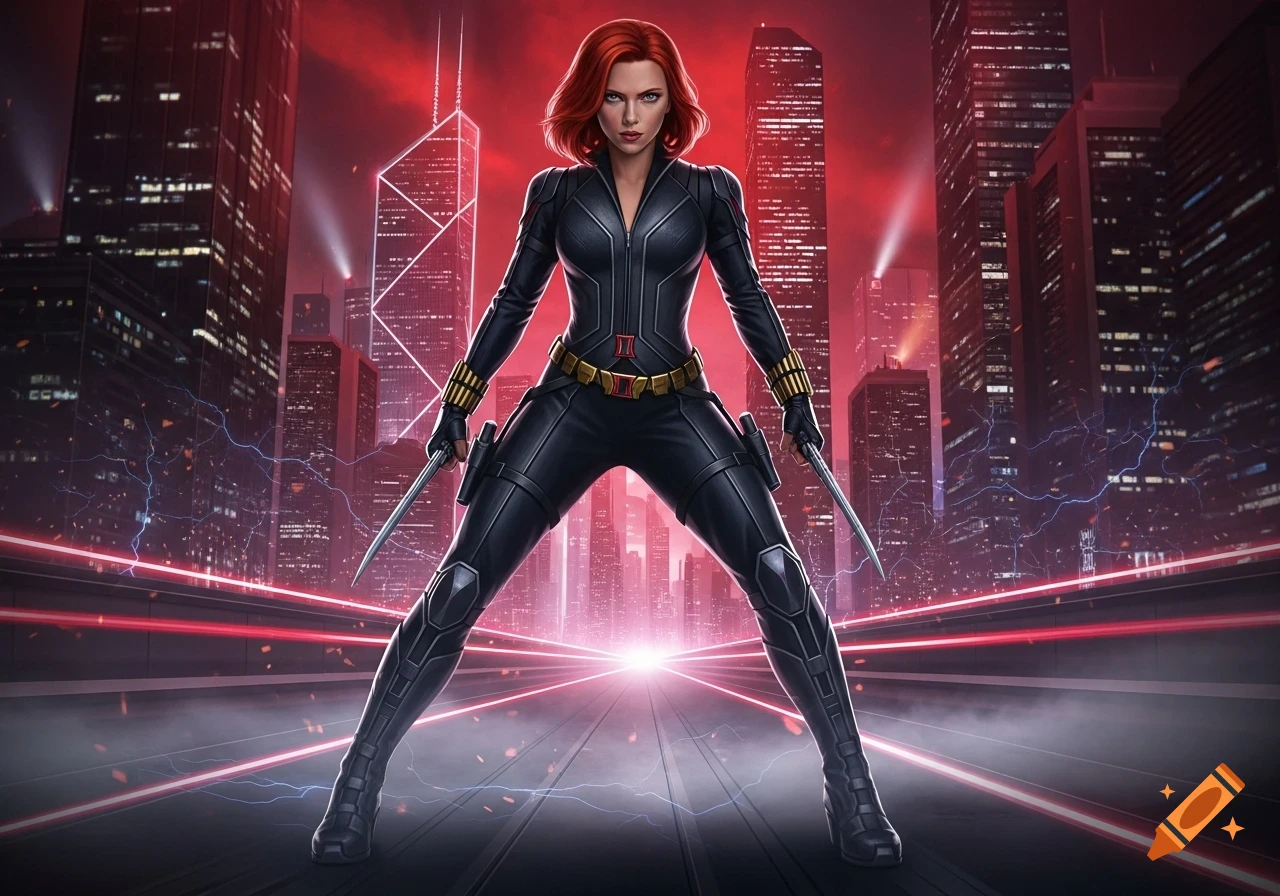 Black Widow, a superhero, stands dynamically with knives against a red-lit futuristic cityscape in a digital painting style.