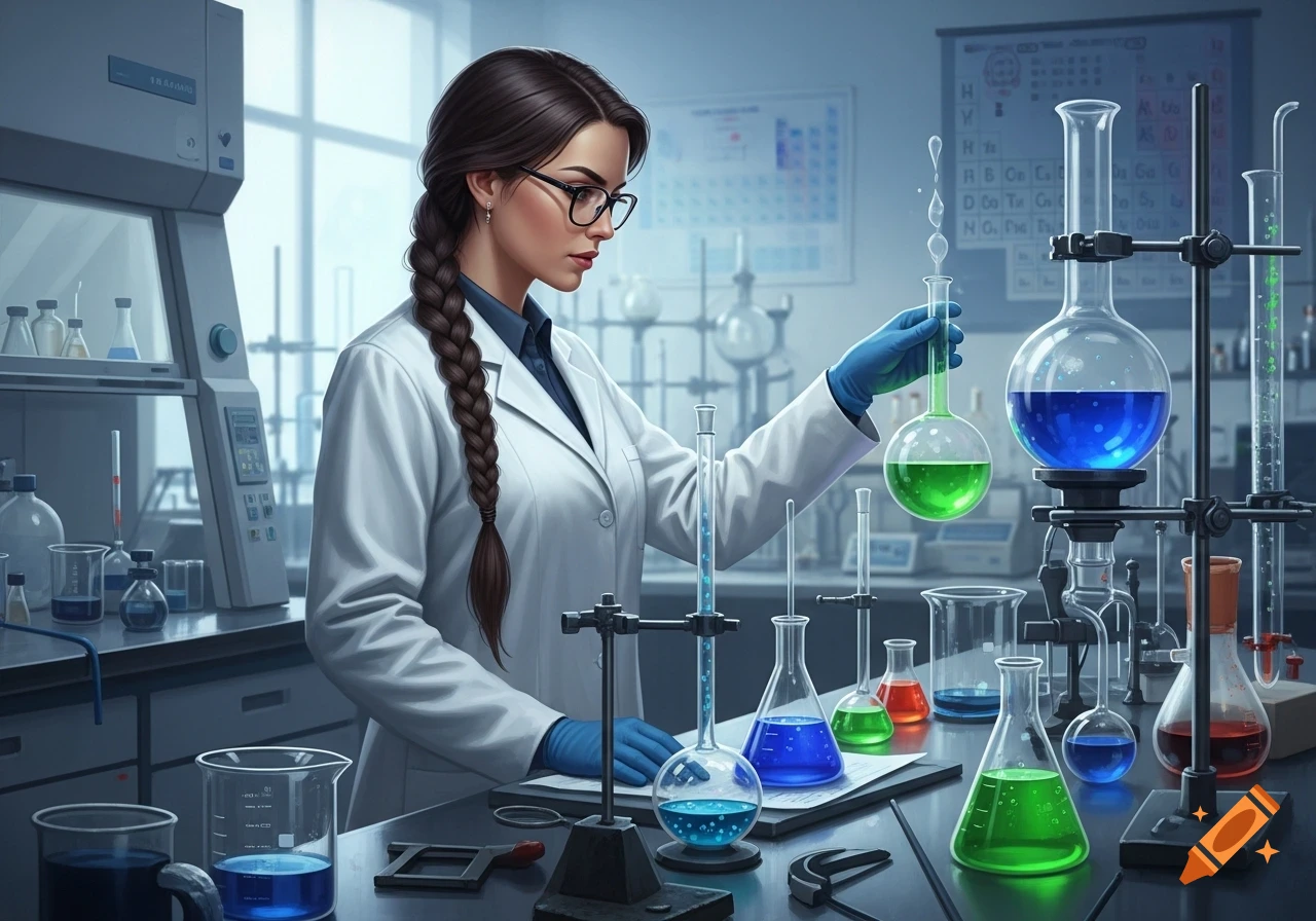 A female chemist with dark hair braided, wearing glasses, a lab coat, and blue gloves, works with beakers of colorful liquids in a well-equipped chemistry lab.