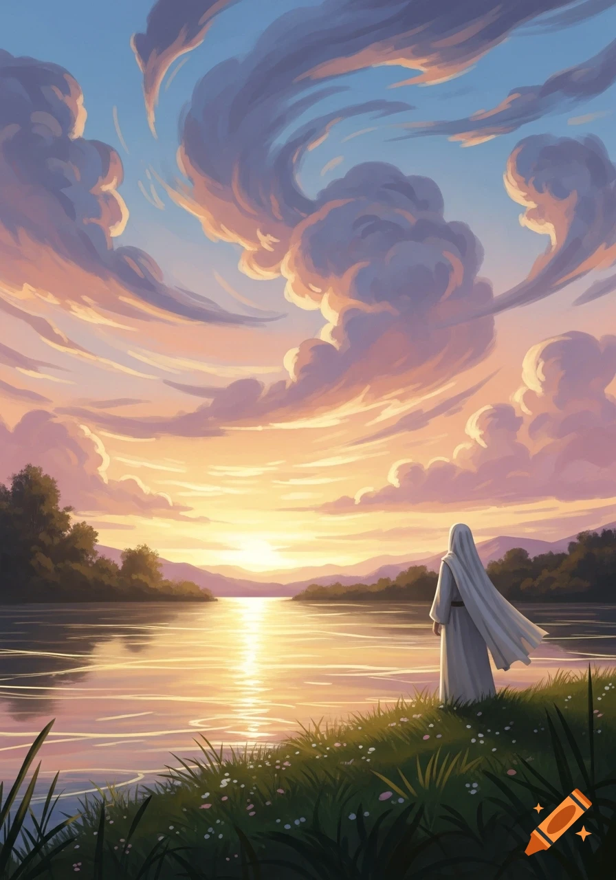 A person in a white robe stands by a serene river, watching a vivid sunset with swirling clouds and golden reflections. Painting style.
