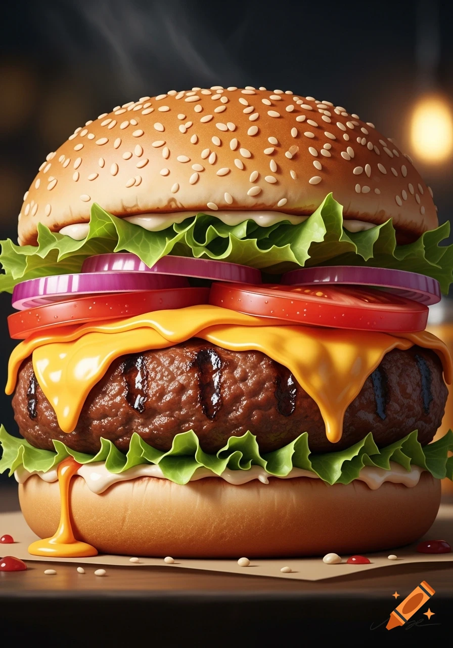 A mouth-watering, juicy hamburger with melting cheddar cheese, crisp lettuce, red onion, and sliced tomatoes on a sesame seed bun, with steam rising.