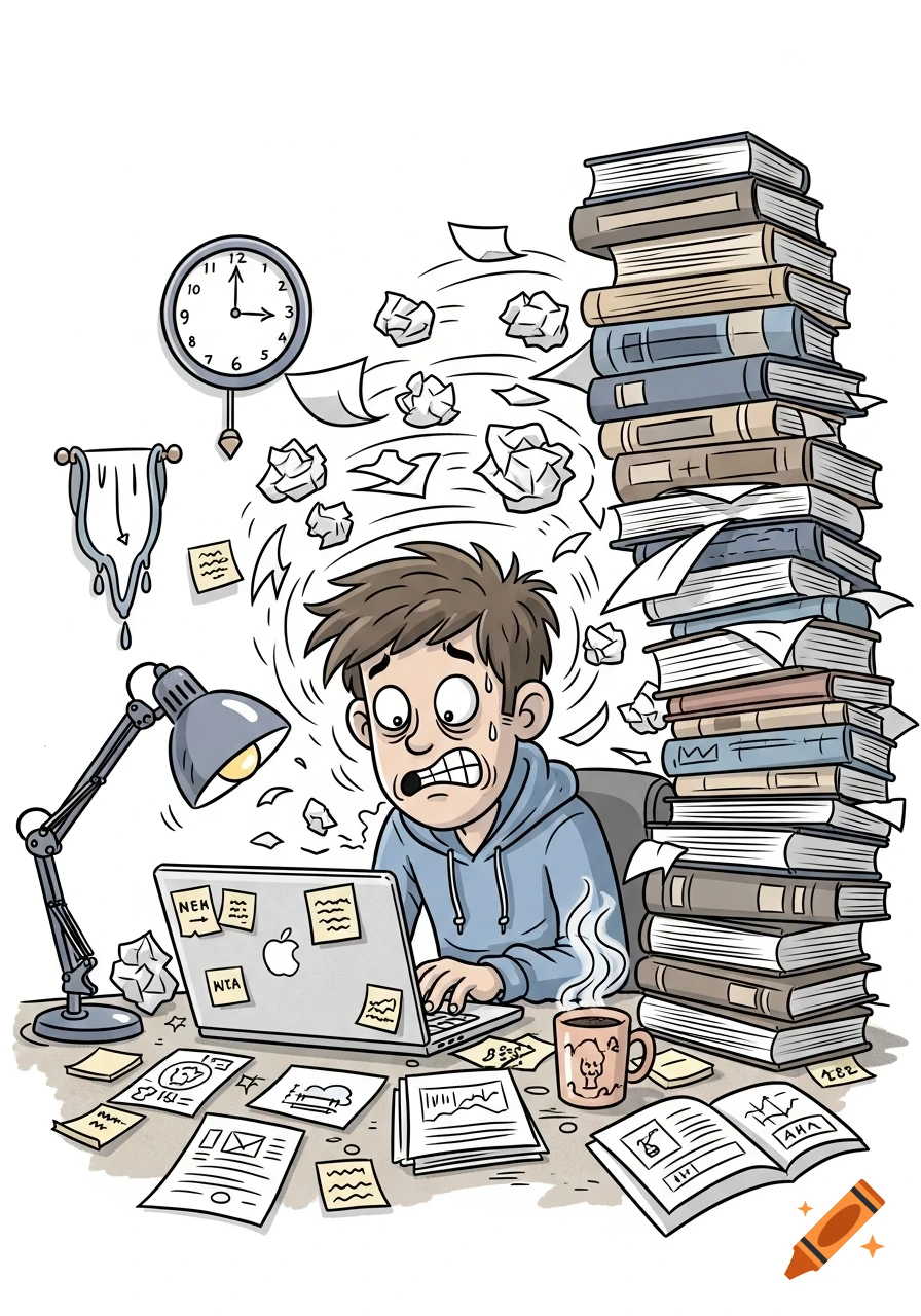 A cartoon illustration of a stressed student working at a laptop, surrounded by piles of books, papers, and sticky notes on a desk, with a clock showing late hour.