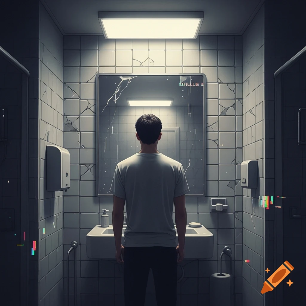 A man stands with his back to the viewer, facing a cracked mirror in a dimly lit, tiled bathroom with digital glitch effects.
