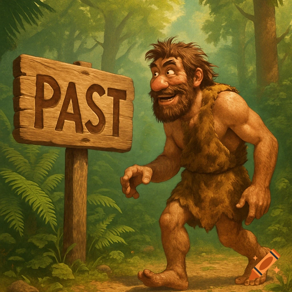 A cartoon caveman with a beard and animal skin clothing walks past a wooden sign that says "PAST" on a path in a lush green jungle.