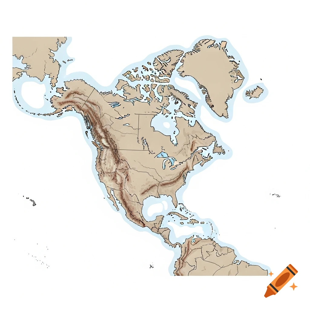 A stylized physical map showing the landmasses and elevations of North and Central America, Greenland, and parts of South America, without borders or labels.