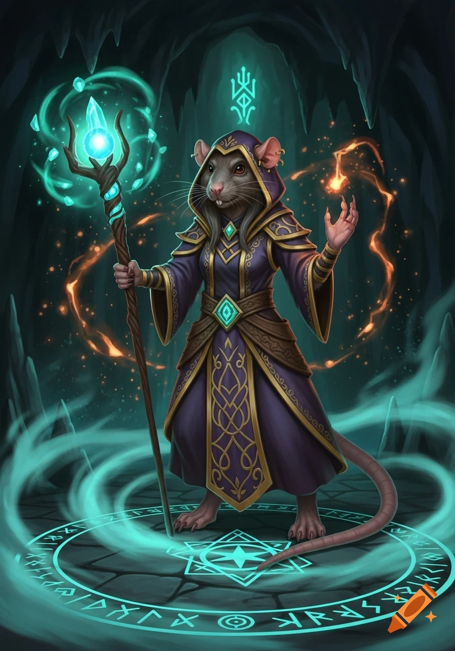 A ratfolk wizard in purple robes with golden trim holds a glowing staff and conjures magic in a mystical cave.