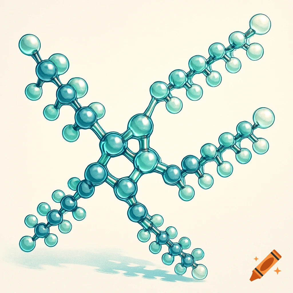 An illustration of a complex molecule, a triglyceride, composed of interconnected teal and light blue spheres forming a central body with three branching chains.