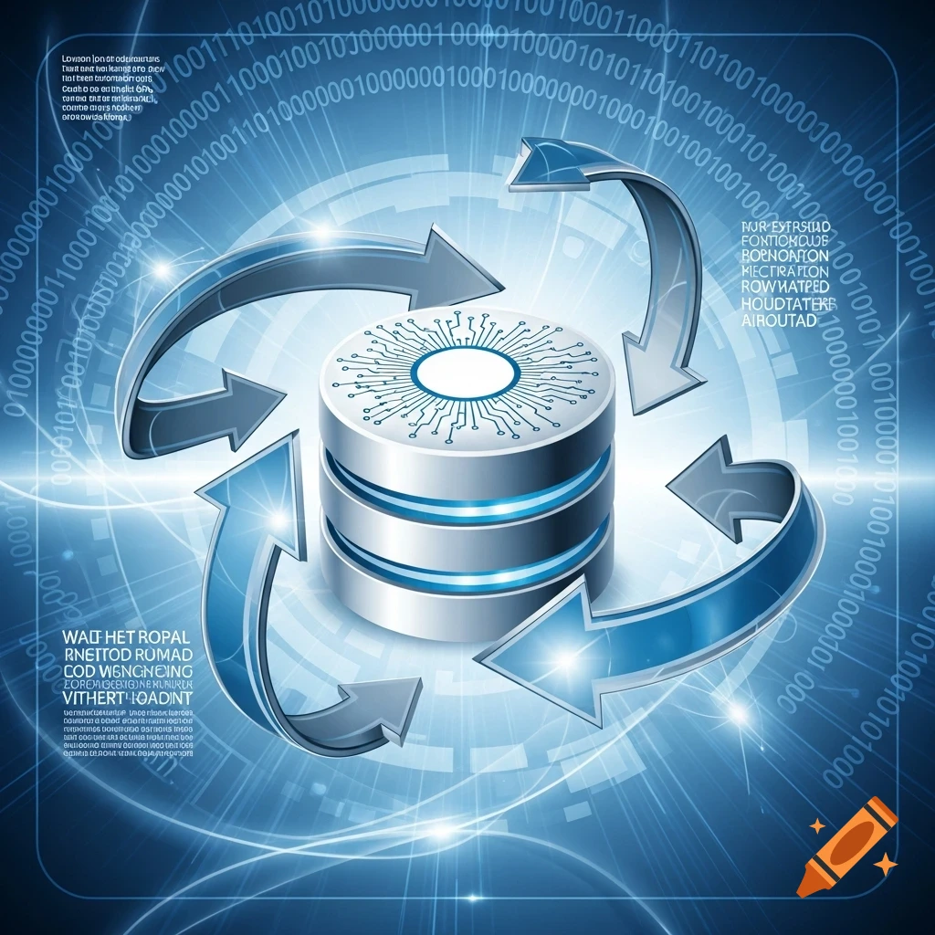 A 3D metallic database symbol surrounded by four blue circular arrows on a glowing digital background with binary code.