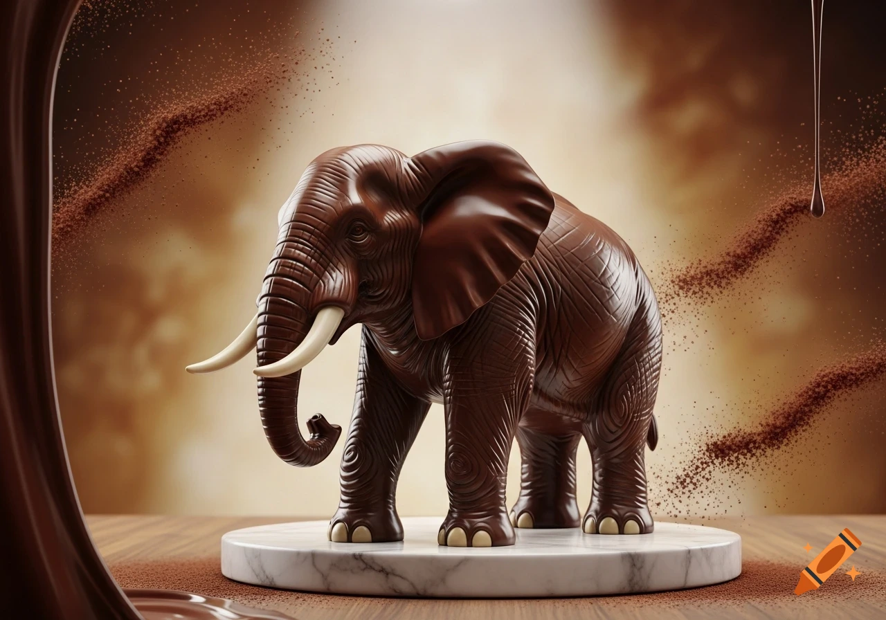 A photorealistic chocolate elephant sculpture stands on a white marble pedestal, surrounded by chocolate powder and dripping chocolate.