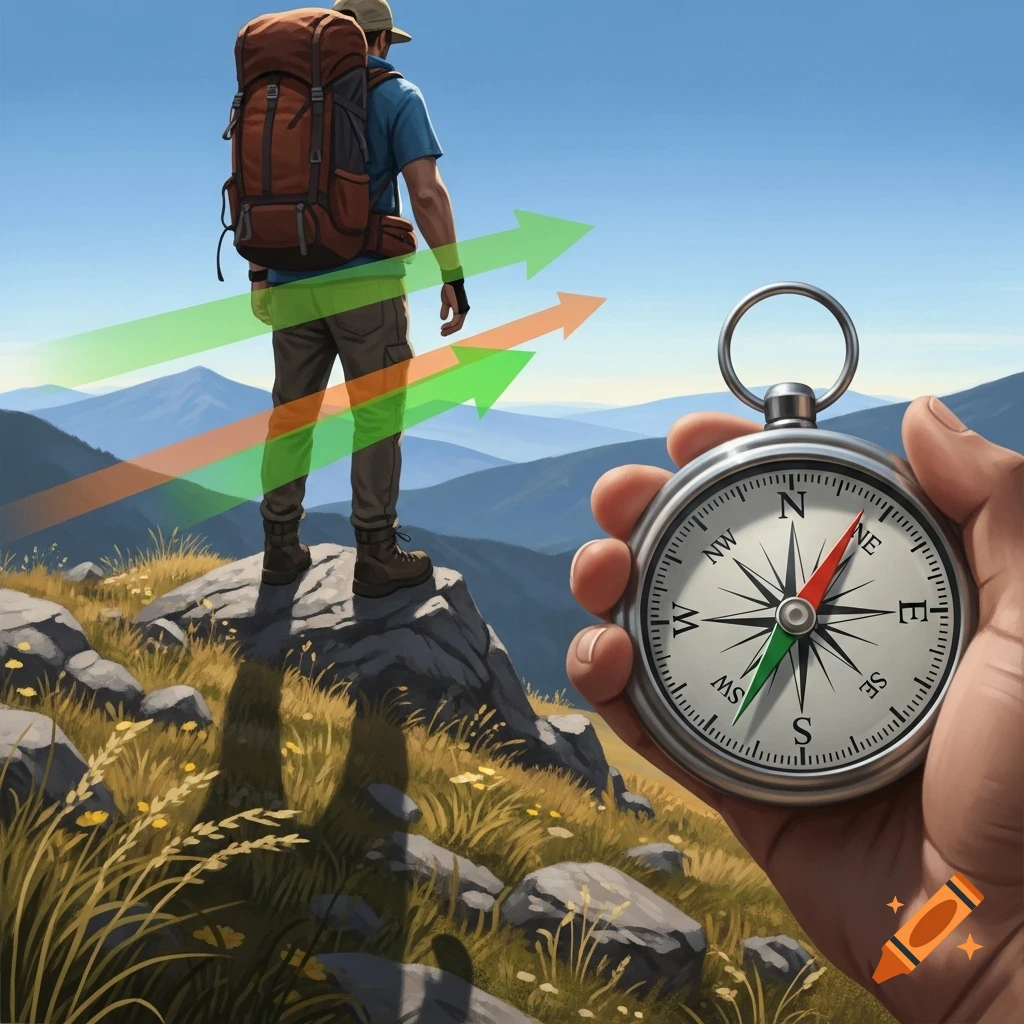 Hiker with backpack on a mountain overlook, a hand holds a compass with directional arrows.