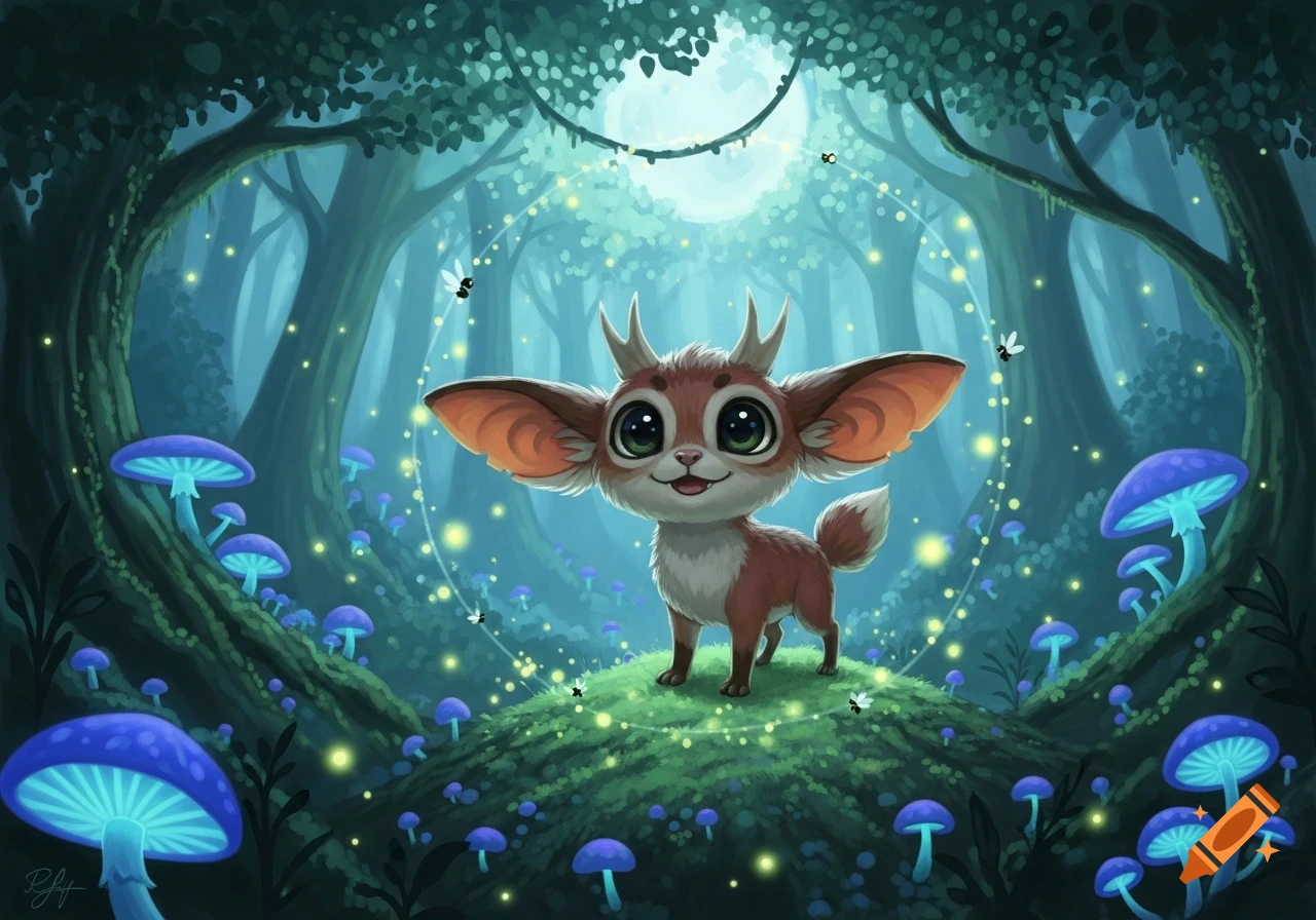 A cute, big-eared, brown and white fantasy creature with small antlers ...