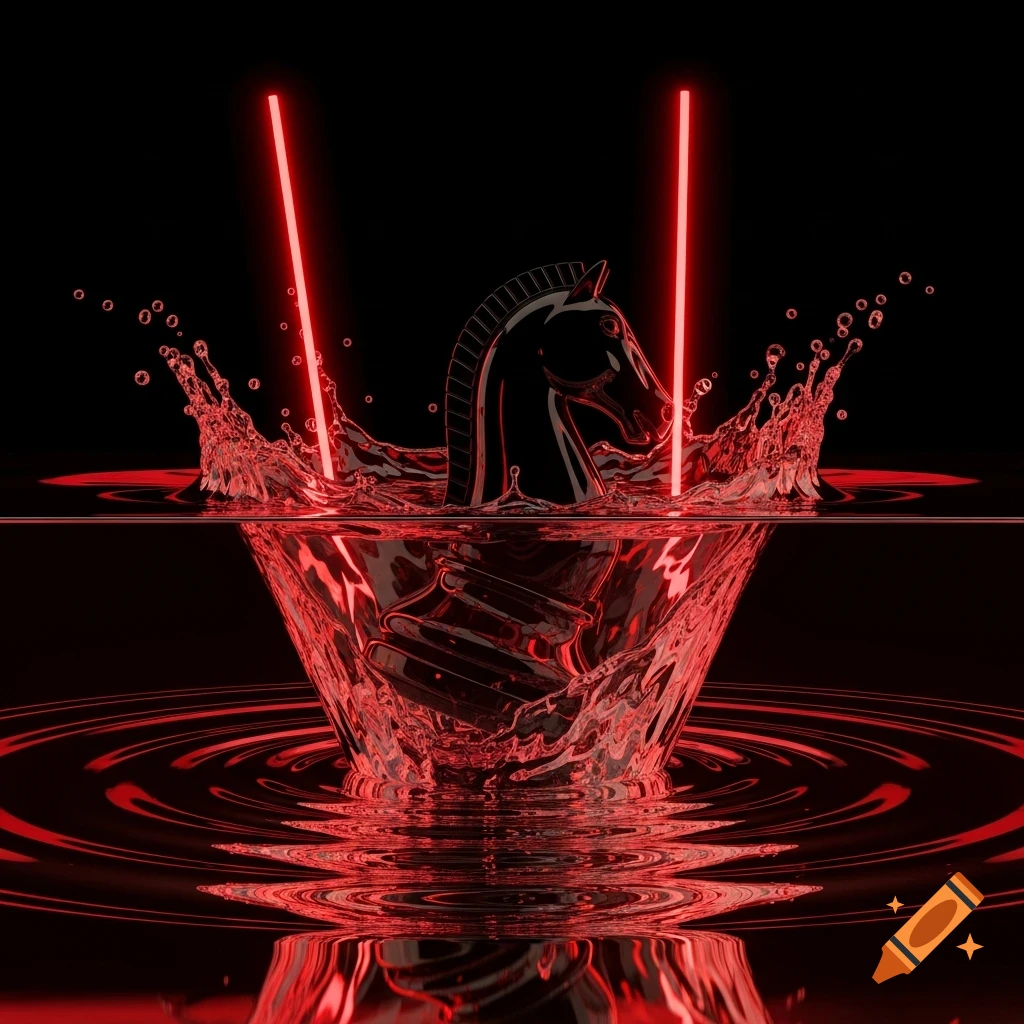 A black chess knight is half-submerged in red-lit water, creating a splash against a dark background.