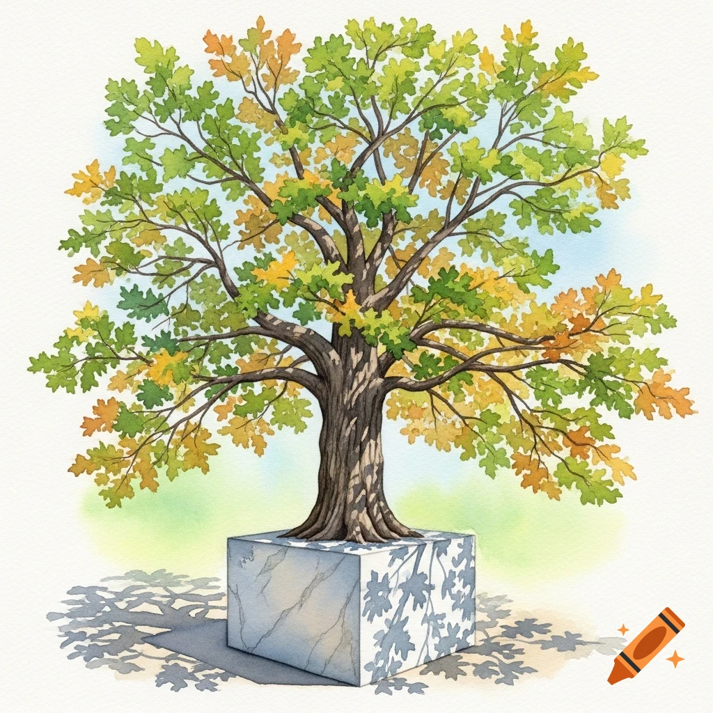 Watercolor painting of an oak tree with green and autumnal leaves in a square marble planter.