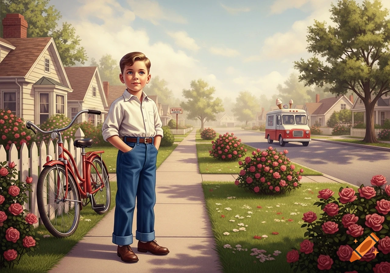 A young boy in a white shirt and blue jeans stands next to a red bicycle on a sidewalk in a 1950s suburban neighborhood, with an ice cream truck passing by.