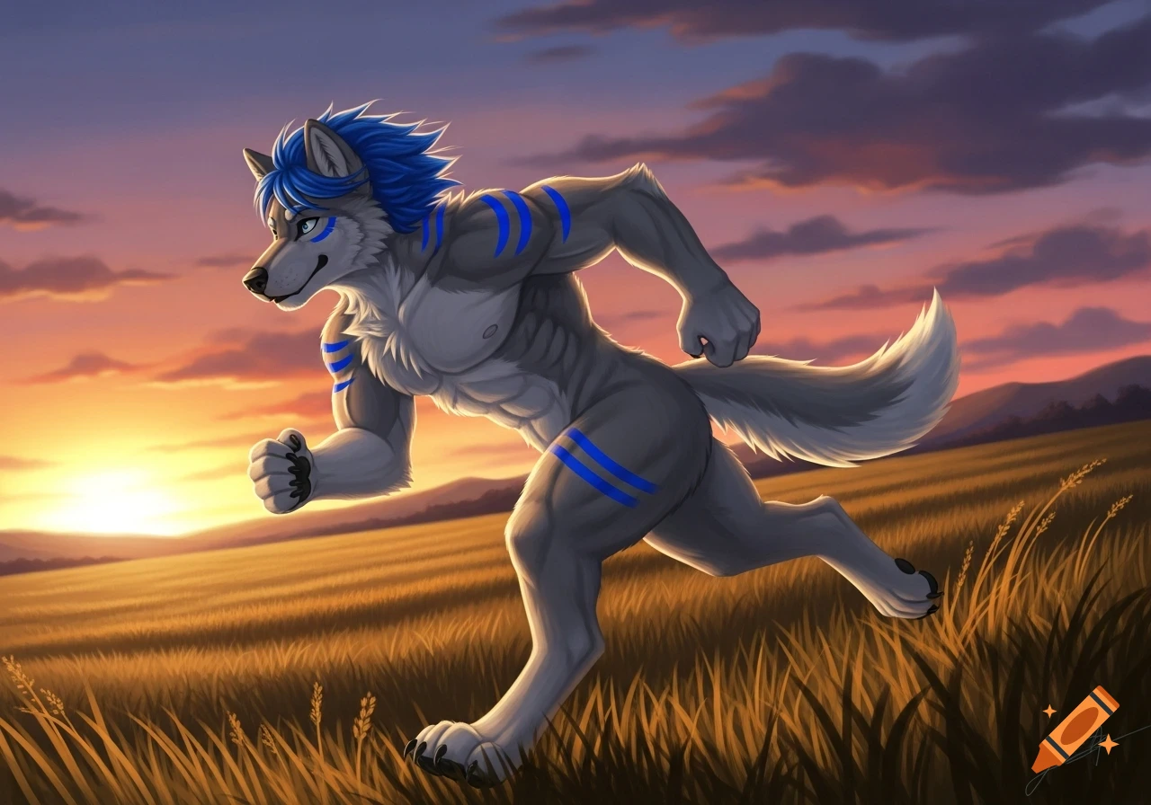 A muscular gray furry wolf with blue hair and stripes runs through a golden field at sunset in a digital art style.