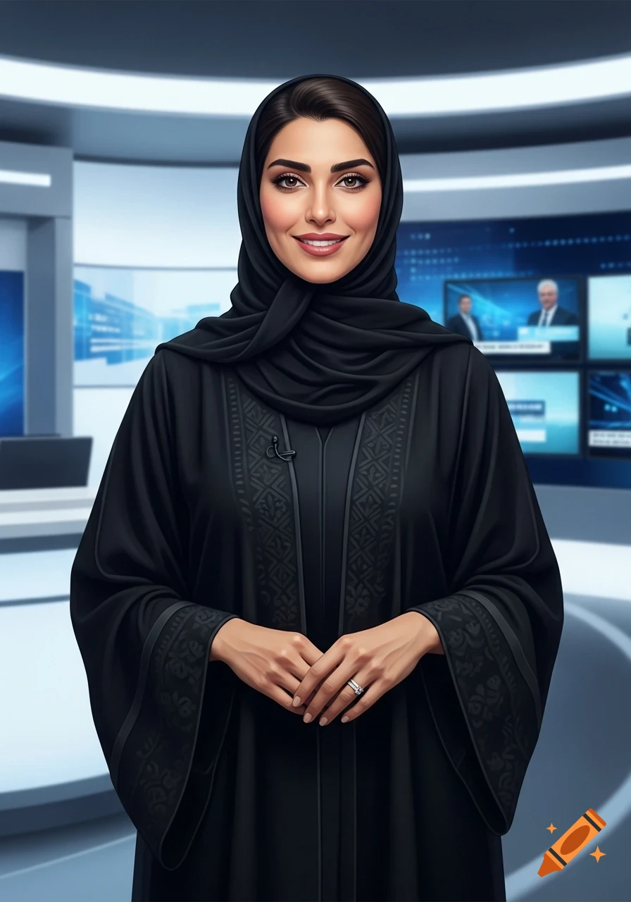 Photorealistic portrait of a smiling Arab woman news presenter in a black abaya and hijab in a modern news studio.