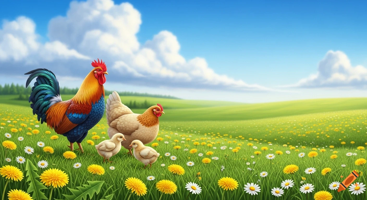 A colorful rooster, a hen, and two chicks stand in a vibrant green meadow filled with yellow dandelions and white daisies under a blue sky with clouds, in a realistic-illustrative style.