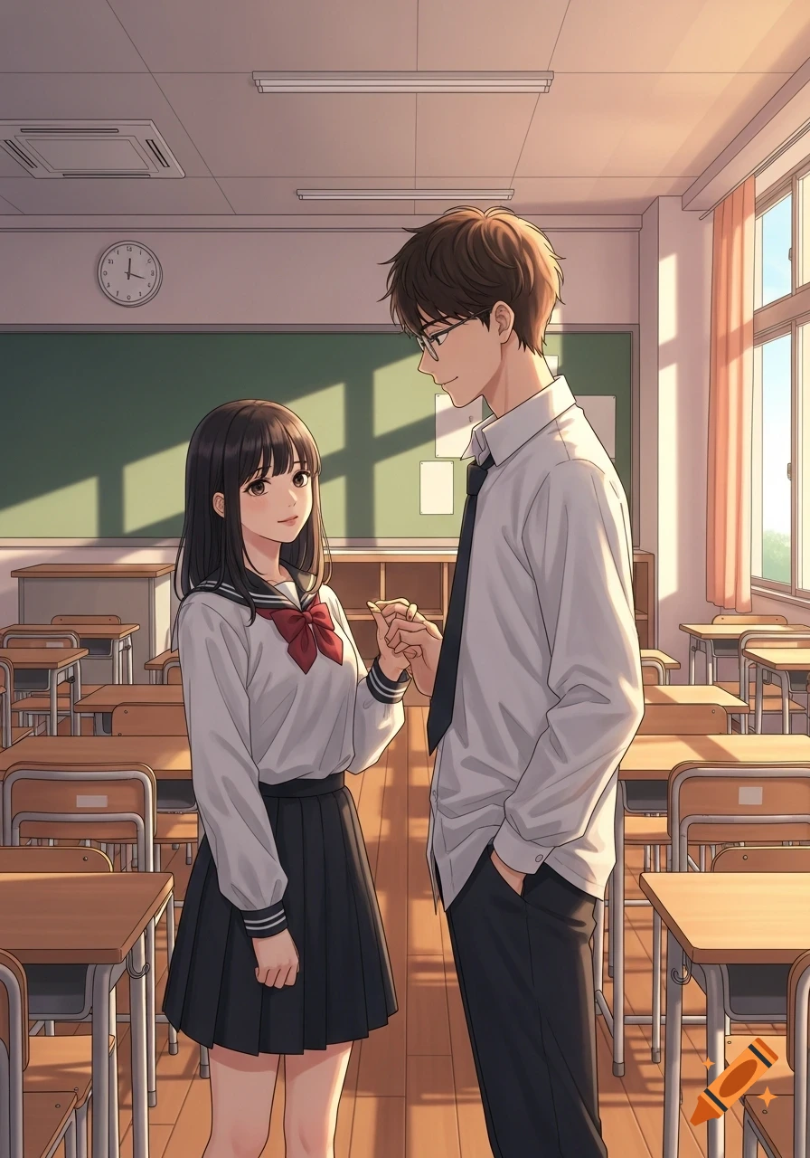 Two anime students, a girl and a boy, hold hands and look at each other shyly in a sunlit classroom.