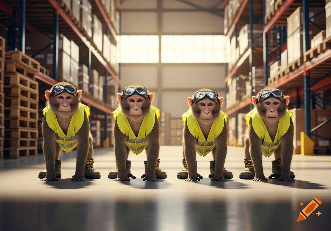 Four photorealistic monkeys wearing yellow safety vests, goggles, and boots stand in a warehouse.