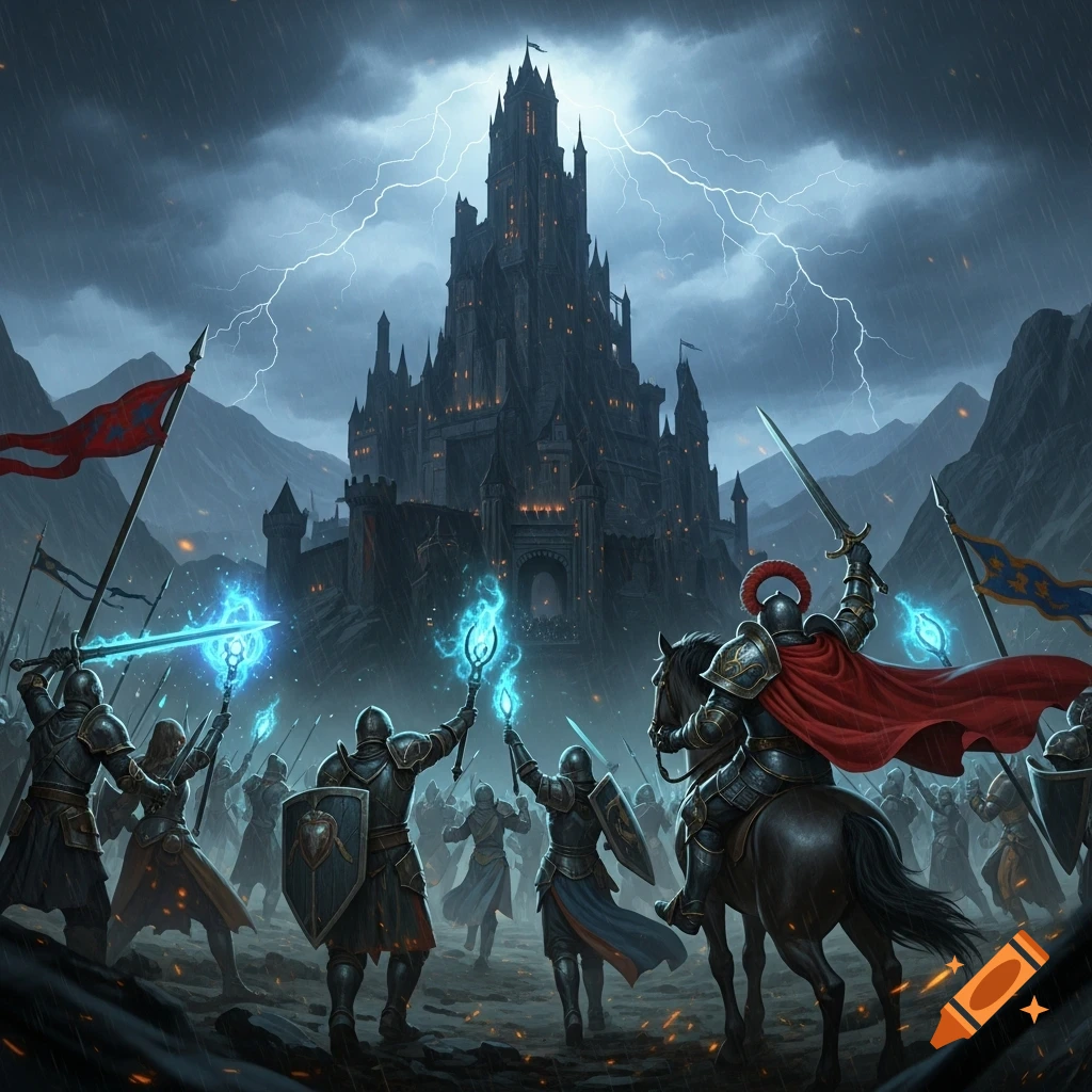 Armored knights storm a dark gothic castle under a stormy, lightning-filled sky.