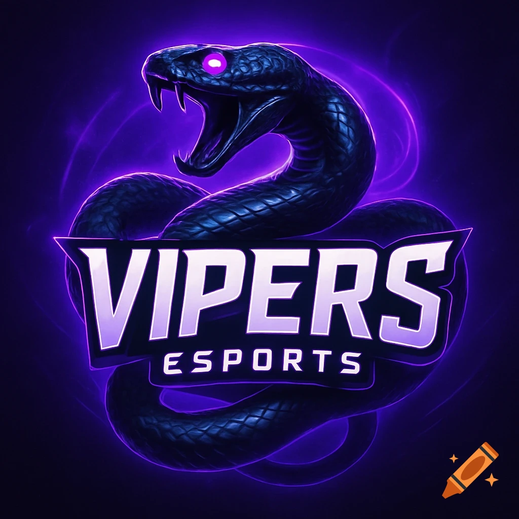 Dynamic black viper with glowing purple eyes coiled around 'VIPERS ESPORTS' text, with purple neon highlights, on a dark background.