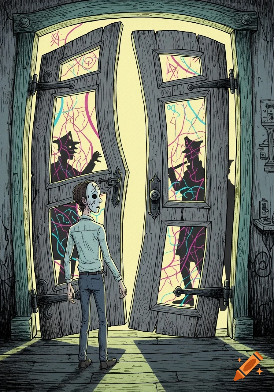 A masked young man stands before a warped, open wooden door, revealing glowing, abstract figures behind it in a surreal, gothic style.