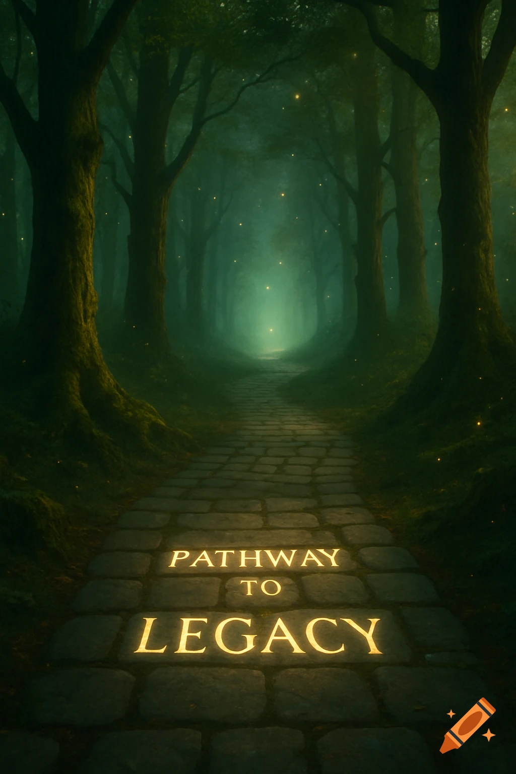 A dark, mystical forest path paved with stones, illuminated by glowing text that reads "PATHWAY TO LEGACY", leading into a bright, ethereal light in the distance.