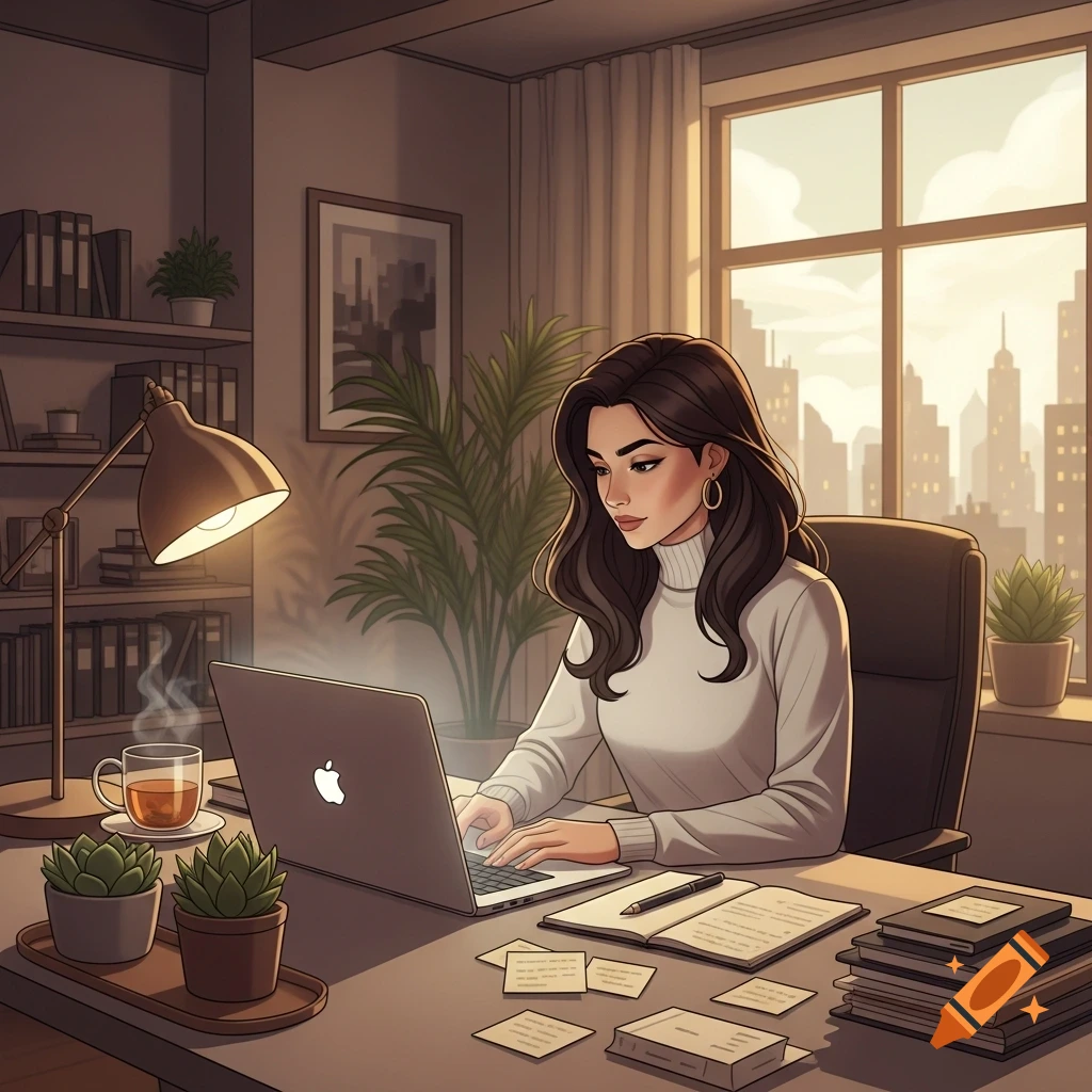 An illustrated woman with dark hair works on a laptop at a desk with a coffee, plants, and books. A city skyline is visible outside a window.
