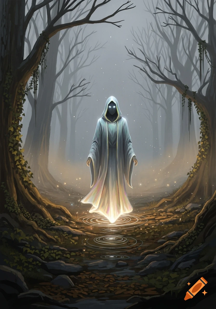 A glowing, hooded figure stands in a misty, mystical forest with bare trees and glowing specks of light.
