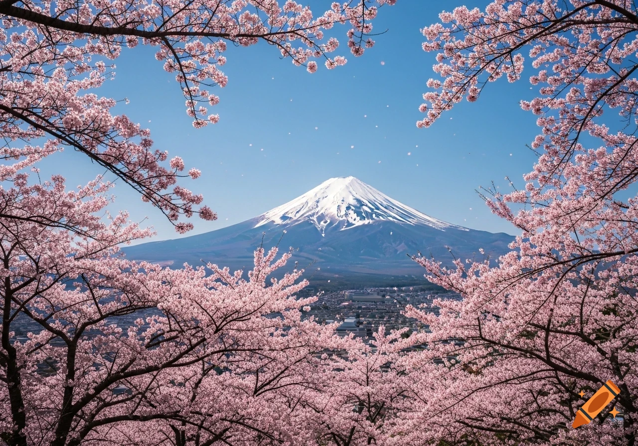 Mount Fuji framed by vibrant pink cherry blossoms under a clear blue sky, with petals gently falling.