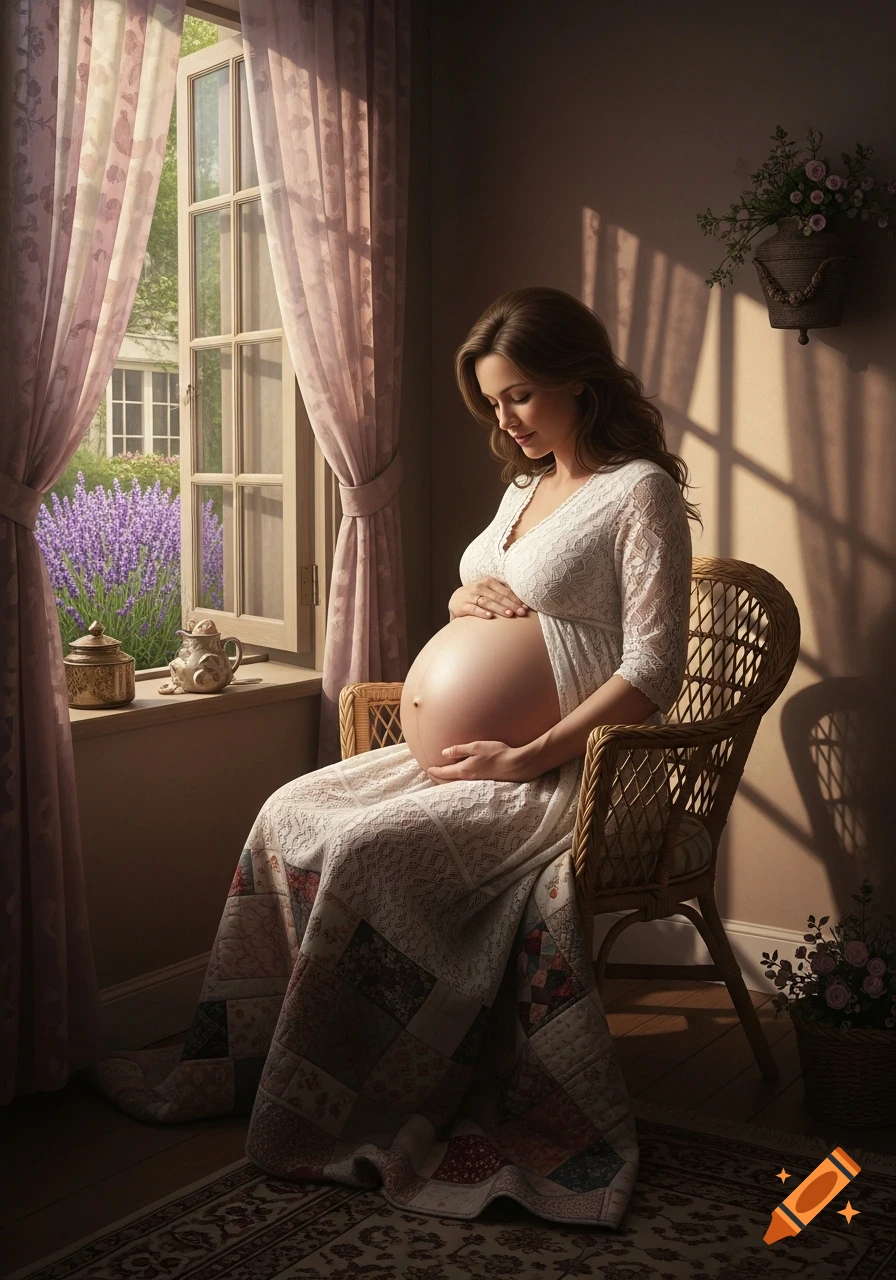 A serene pregnant woman in a white lace dress sits in a wicker chair by a window, gently holding her belly. Outside, a vibrant lavender field is visible.