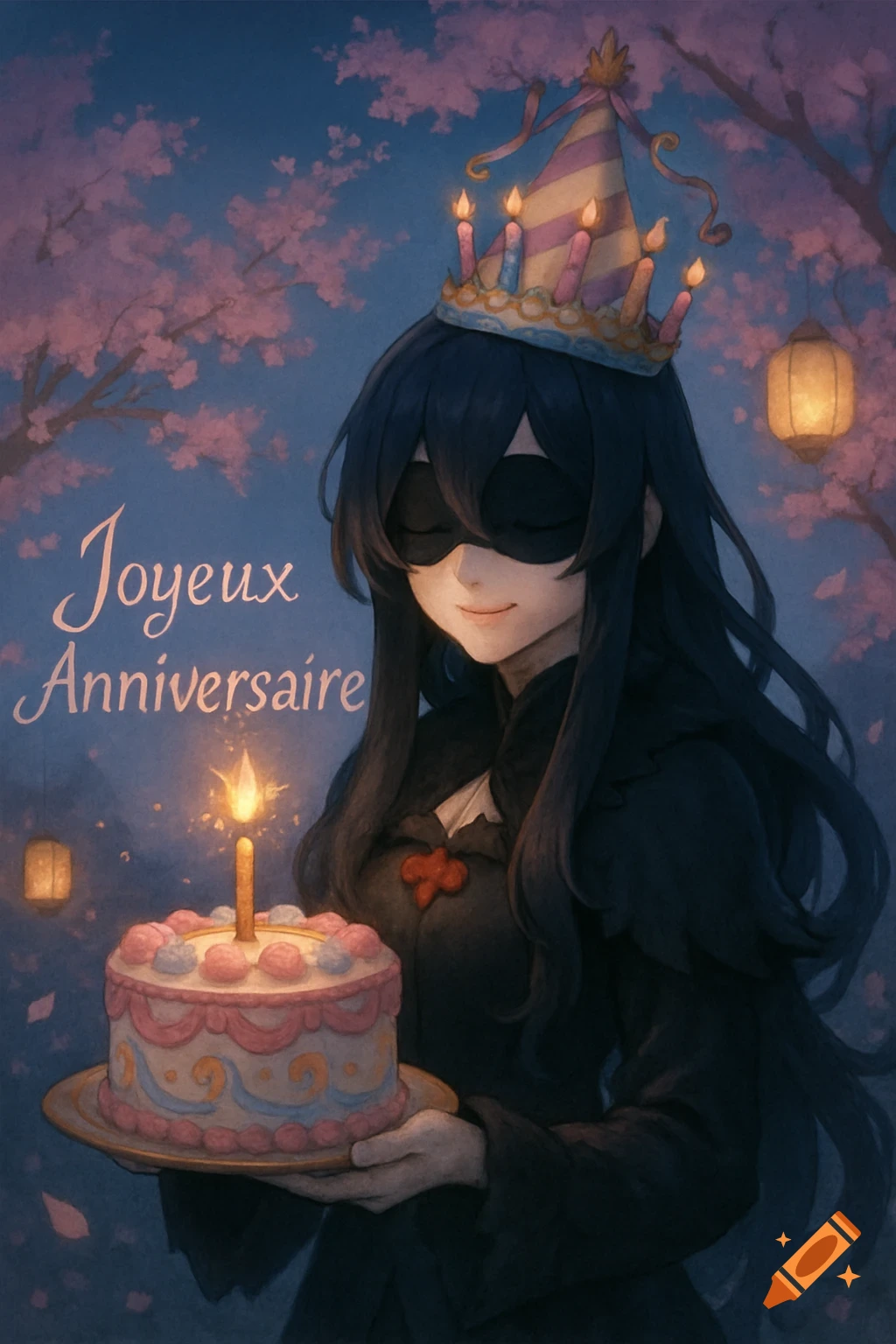 Anime girl wearing a blindfold and birthday hat holds a lit cake under cherry blossoms, with 'Joyeux Anniversaire' text.