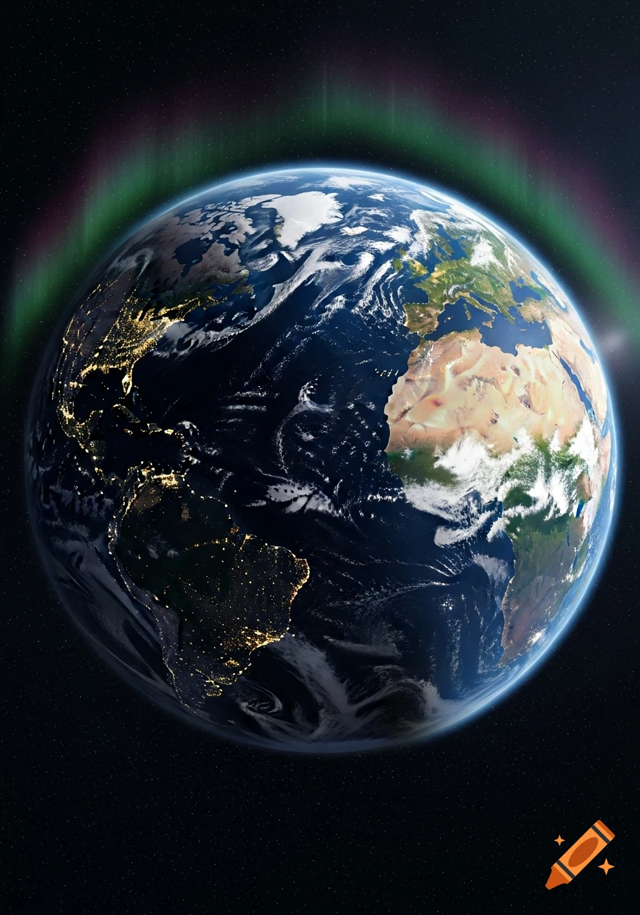 Photorealistic Earth from space, showing continents, ocean, city lights on the night side, and a vibrant green and red aurora.