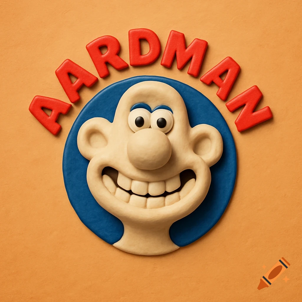 A clay art Aardman logo featuring a smiling Wallace-like character in a blue circle, with red AARDMAN text above.
