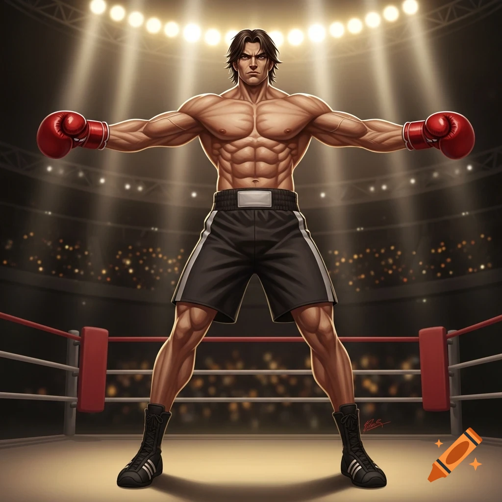 A muscular male boxer in red gloves stands with arms outstretched in a brightly lit boxing ring, stylized illustration.
