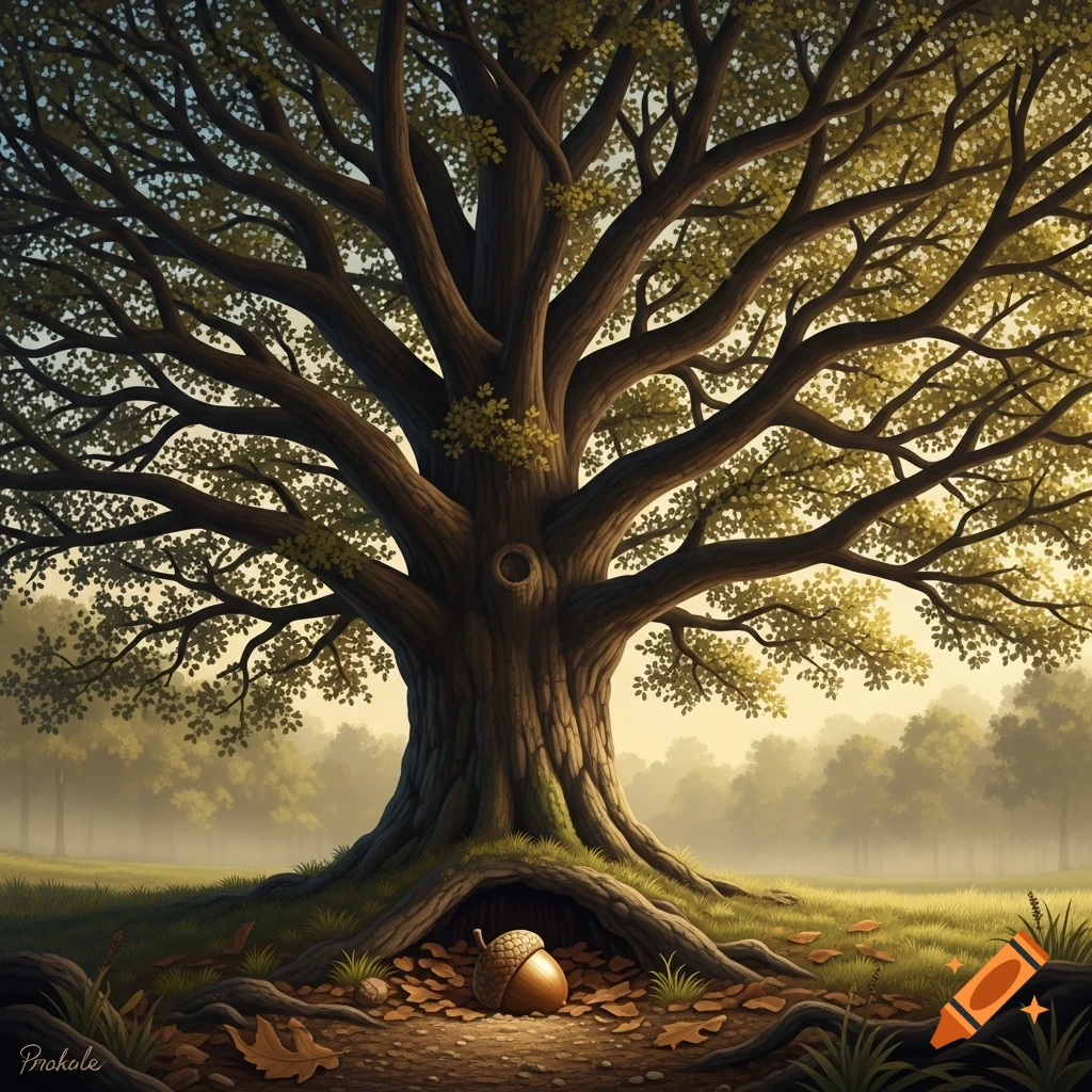 A stylized illustration of a massive oak tree with exposed roots, an acorn nestled at its base, in a misty forest.