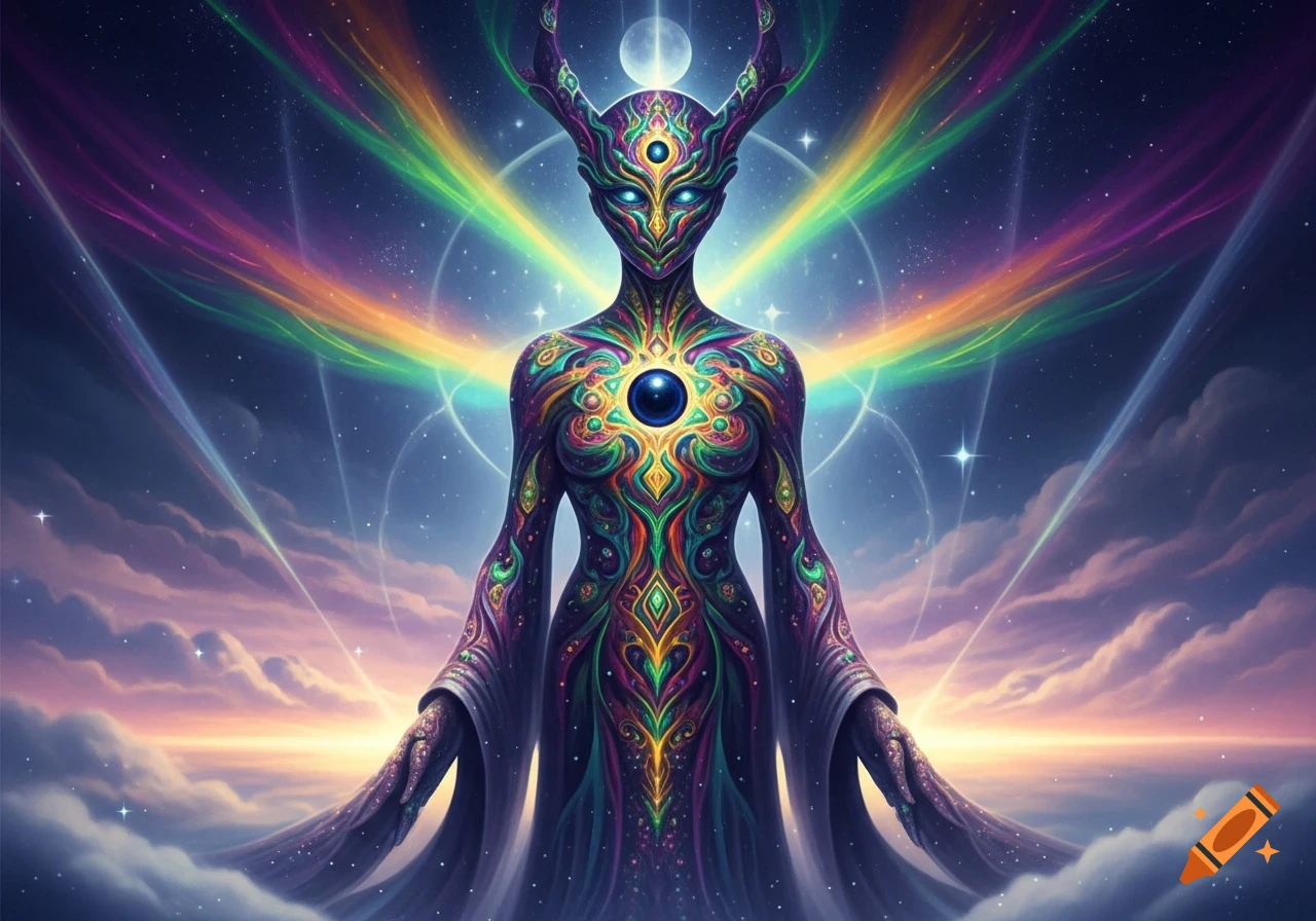 Vibrant kaleidoscopic alien-like being with antlers and a glowing orb, radiating rainbow light in a cosmic sky.
