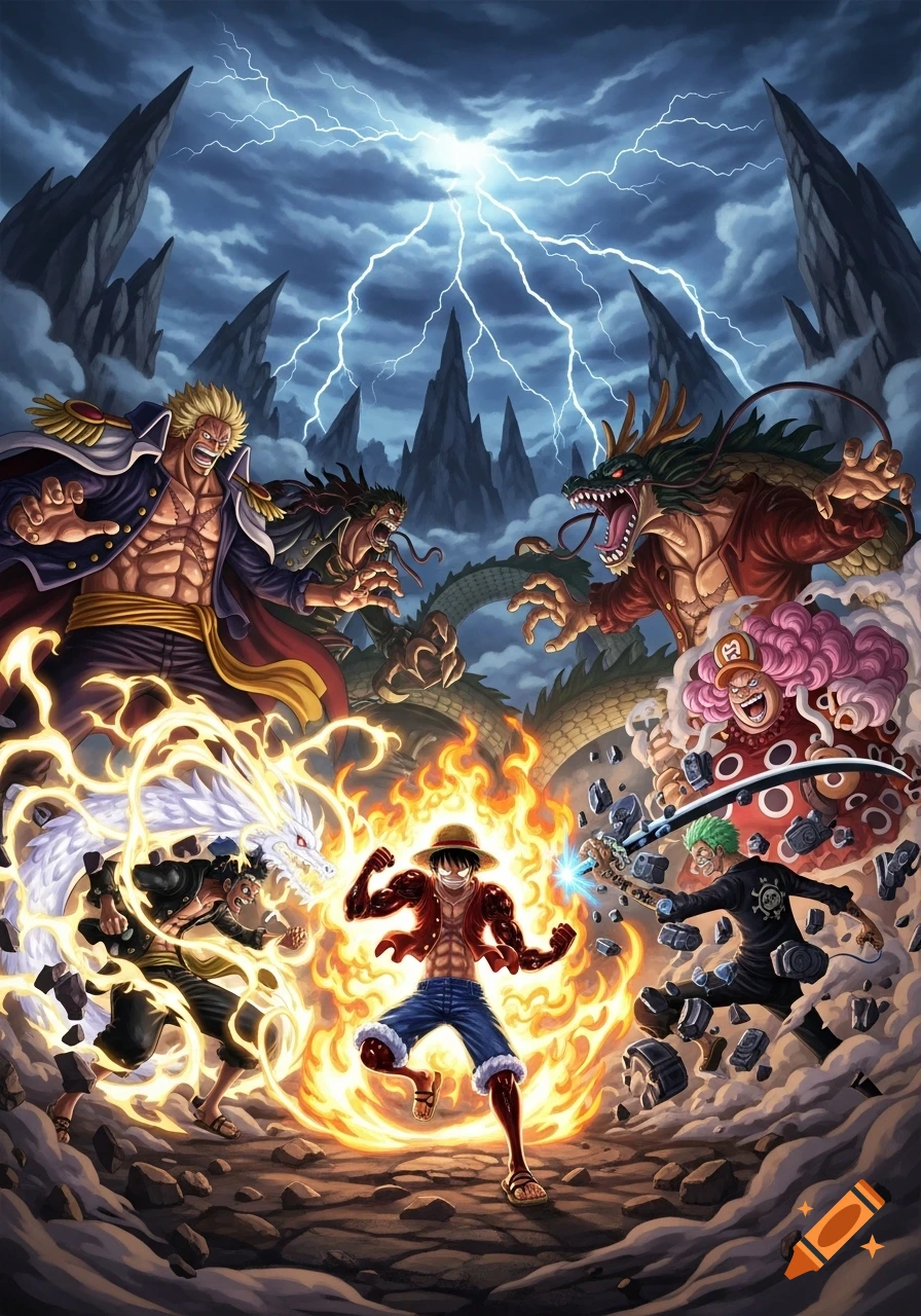 Luffy in Gear 5, wreathed in fire, battling Kaido, Big Mom, Kid, Law, and a blonde male in a stormy, lightning-filled anime scene.